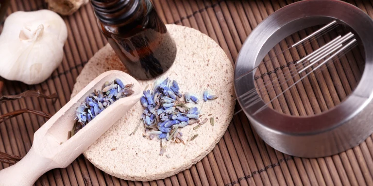 Heilpflanze, Öl-Fläschchen und Nadeln für die Akupunktur