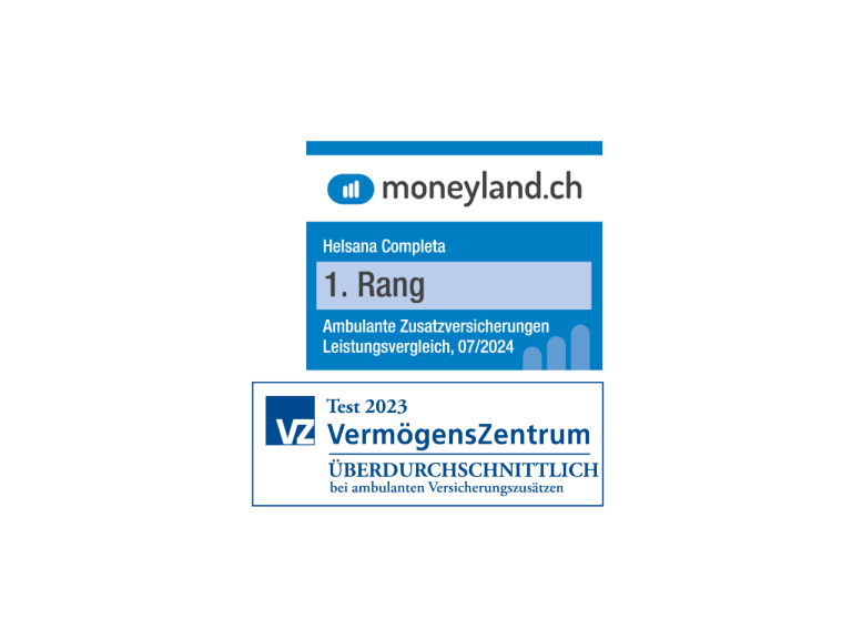 Auszeichnungen für COMPLETA vom Vermögenszentrum (überdurchschnittlich) und von Moneyland (1. Rang).