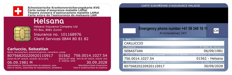 Front and reverse side of an insurance card for compulsory health insurance.