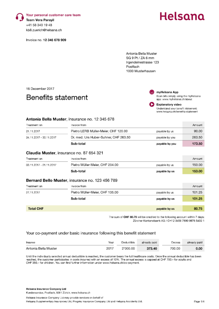 First page of a benefit statement.