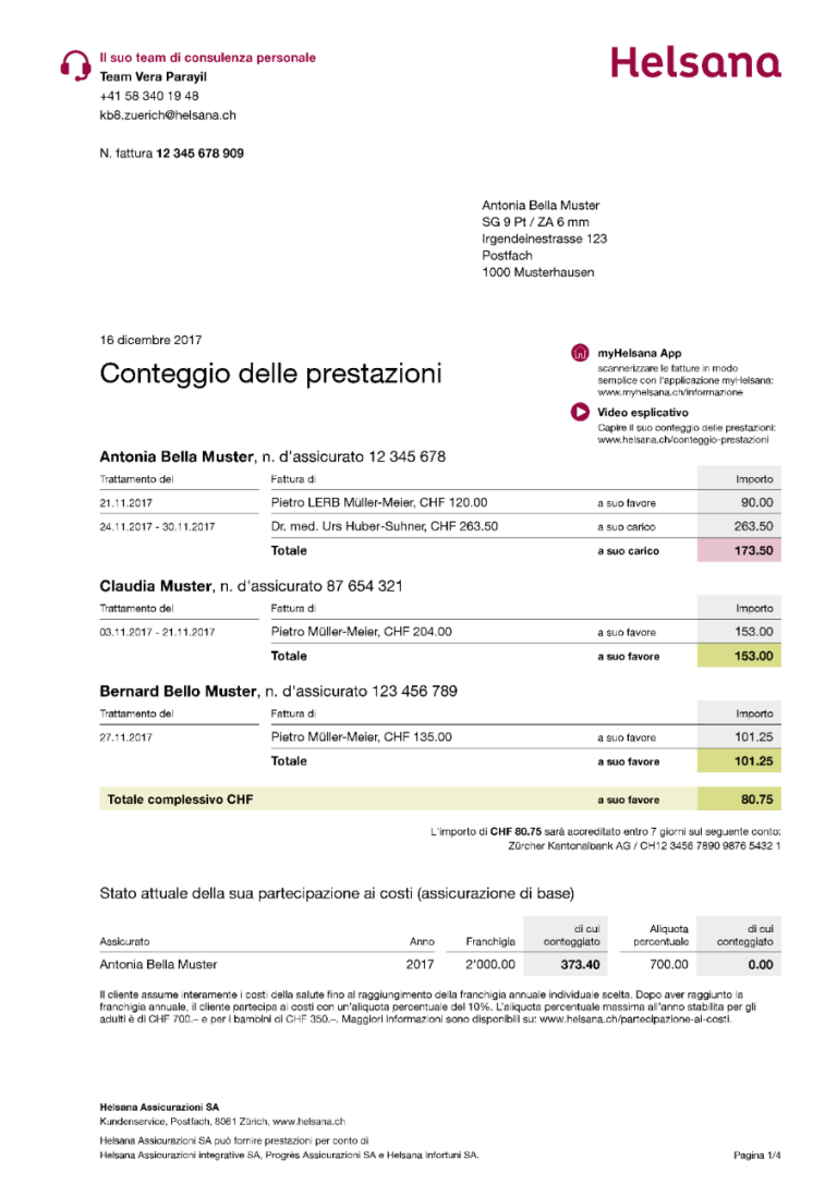 Prima pagina di un conteggio delle prestazioni